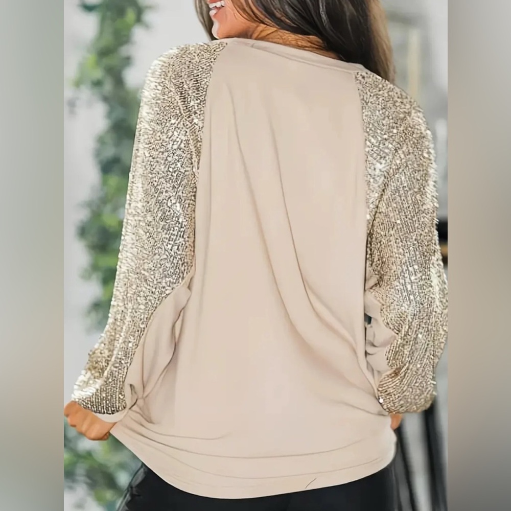 7th Ray Sequin Sleeve Beige Top